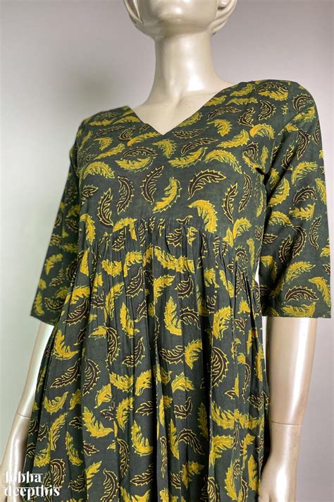 Ajrakh Neem Leaves Bottle Green Cotton Alia Cut Kurta- Lobha Deepthis