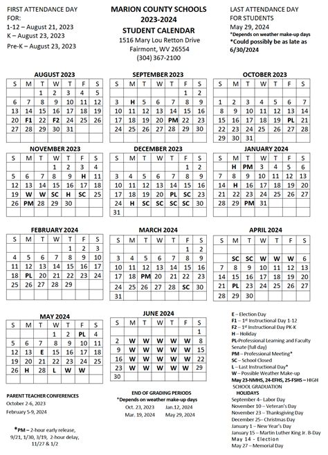 Academic Calendars | Marion County Schools