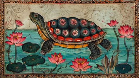 Kurma, Turtle Madhubani Bharni Style Painting Wall Mural Wallpaper ...