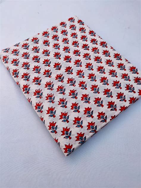 Red Floral White Base Hand Block Pure Cotton Fabric - JBRS635 – Jaipur ...