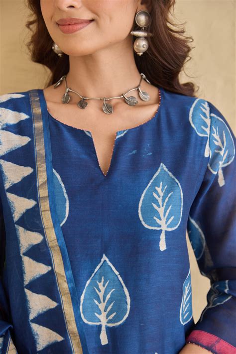 "Siyahi" Indigo Hand Block Printed Chanderi Suit Set (3pc) – The Ethnic ...
