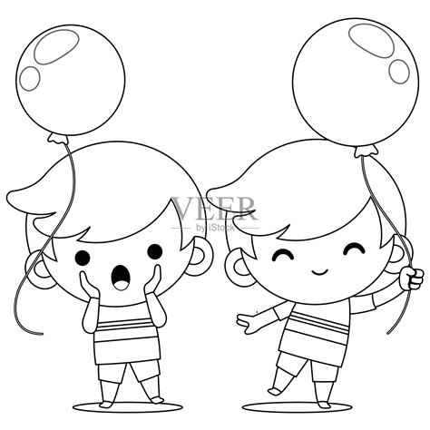 儿童涂色书双胞胎男孩拿着气球插画图片素材_ID:400050891-Veer图库