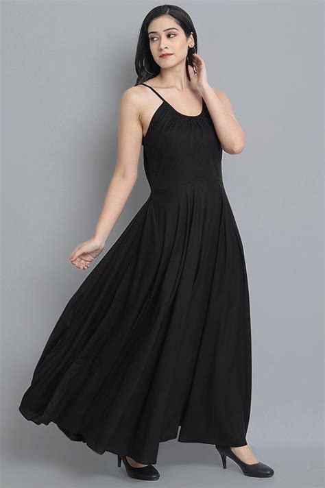 Womens' Black Rayon Long Spaghetti Strap Dress with Volume | Rang ...