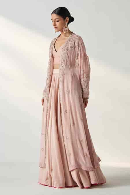 Buy Pink Chanderi, Georgette, Cotton Embroidery, Fringe, Floral Jacket ...