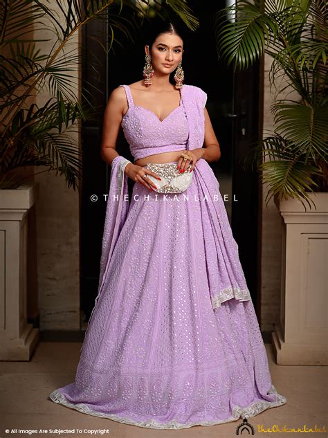 Lavender Chikankari Lehenga Set with Pearl & Mirror Work