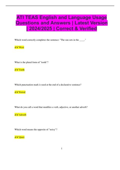 ATI TEAS English and Language Usage Questions and Answers | Latest ...