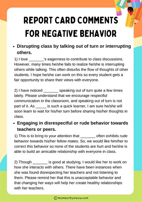 20 Negative Behavior Comments Examples for Report Card - Number Dyslexia