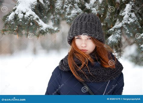 Closeup Beautiful Winter Portrait of Young Adorable Redhead Woman in ...