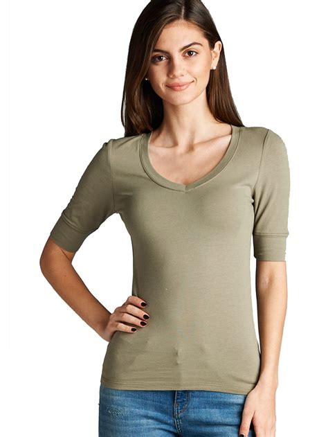 Women's Basic Elbow Sleeve V-Neck Cotton T-Shirt Plain Top-Plus Size ...