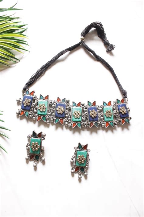 Blue and Purple Glass and Kundan Work Adjustable Choker Necklace Set ...