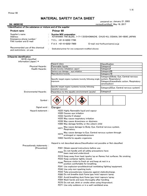 Safety Data Sheet for Primer 90: A Highly Flammable Mixture Containing ...
