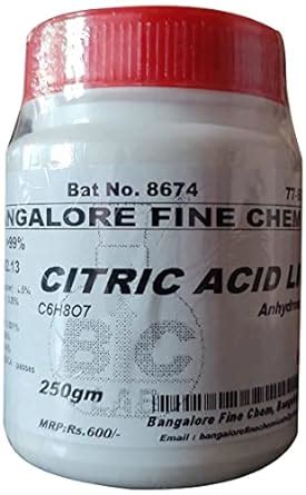 BFC CITRIC ACID ANHYDROUS LR - 250gm, (C6H8O7) CAS No.77-92-9 : Amazon ...