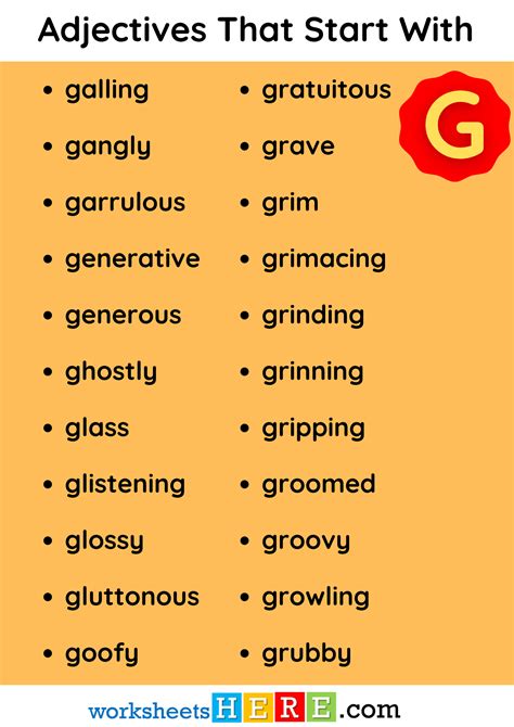 Adjectives That Start With G Vocabulary List PDF Worksheet For Students ...
