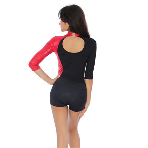 Long Sleeves Color Block Leotard with Shorts - IKAANYA