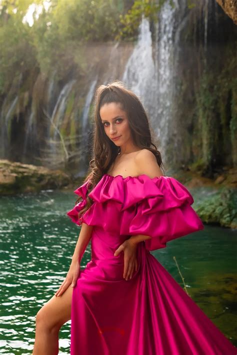 Ruffled Magenta Satin Long Train Prom Photoshoot Dress - Lunss