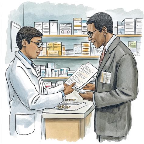 An illustration of a pharmacist reviewing a patients medication list ...