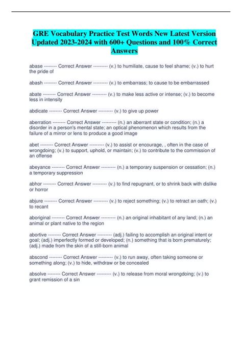 GRE Vocabulary Practice Test Words New Latest Version Updated with 600 ...