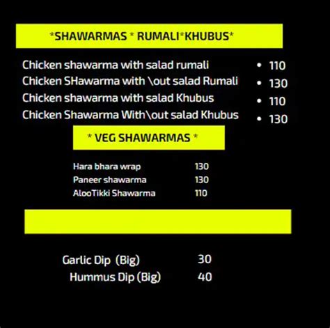 Menu of Sufi Shawarmas, Nizampet, Hyderabad