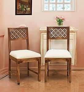VS ART PLACE Sheesham Wood CNC Cutting Dining Chairs with Cushion Set ...