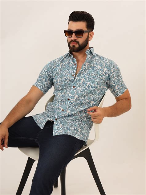 MILLENNIAL MEN Sky Blue Floral Print Pure Cotton Regular Fit Casual Sh ...