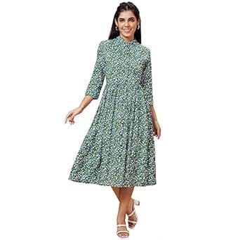 Globus Women Multi Black 3/4 Sleeve Floral Fit & Flare Midi Dress ...