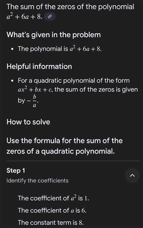find the sum of zeros of a polynomial a^2 + 6a+8 - Brainly.in