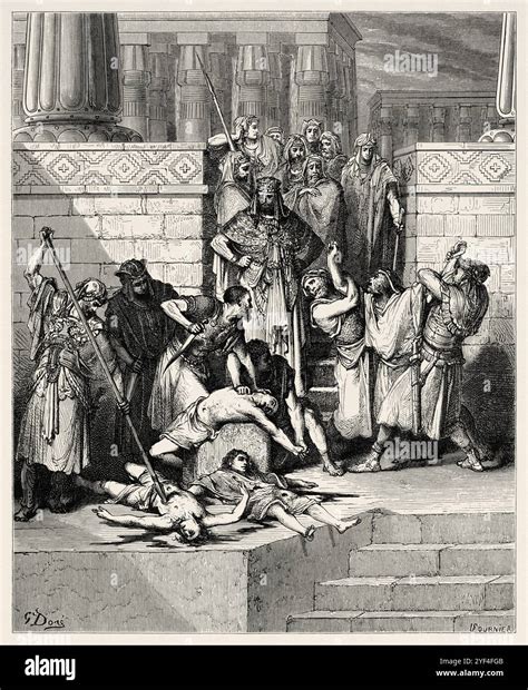 Nebuchadnezzar murdering the children of Zedekiah. Old Testament. Antique bible illustration by ...