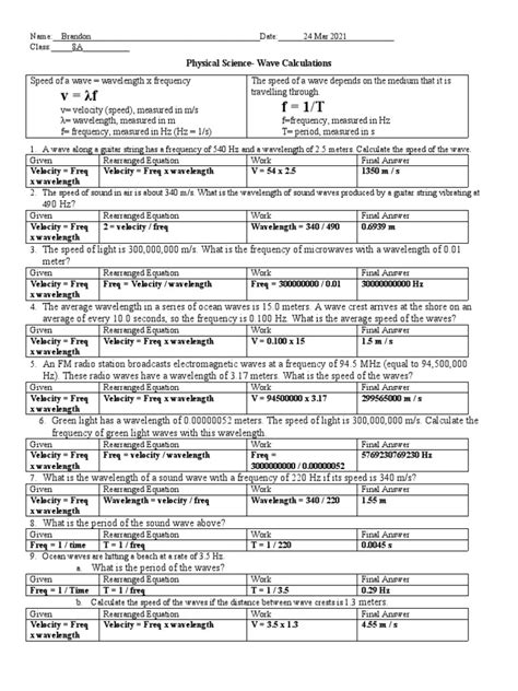 Image result for Wave Equation Worksheet