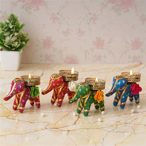 eCraftIndia Set of 4 Multicolor Elephant Shaped Tea Light Candle Holde