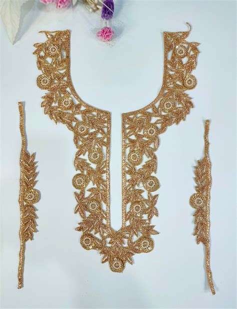 Rose Gold Embroidered Neckline Patch with Sleeves: Indian Zardozi Appl ...