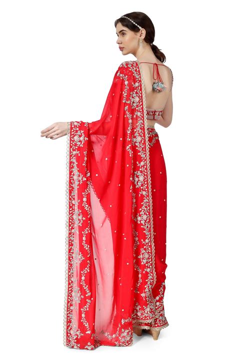 Red Persian Double Scallop Georgette Saree – Lovesummer