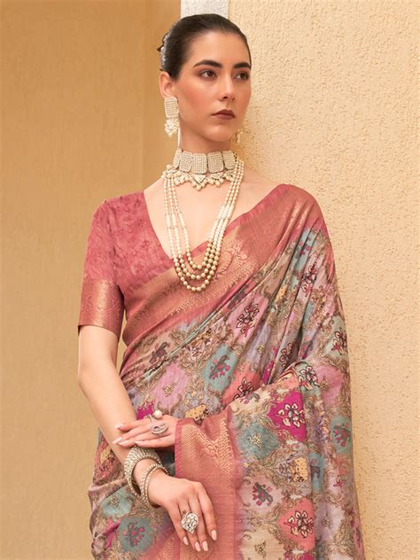 Women's Tussar Silk Blue Digital Print Designer Saree With Blouse Piec ...