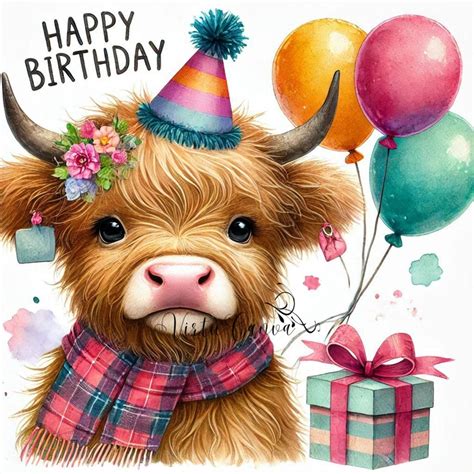 Highland Cow Happy Birthday Images, Bundle 16, Birthday PNG, Highland Cow Watercolor Clipart ...