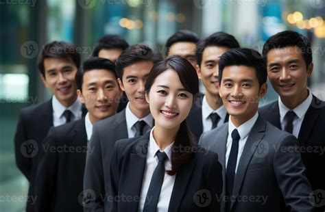AI generated Japanese businesspeople standing together all with smiling ...