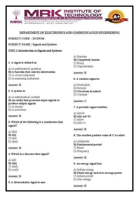 EC25C04 Signals and Systems: Unit 1 Study Guide - Studocu