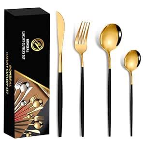 BonZeaL Stainless Steel Black Gold Cutlery Set for 6 Person 24 Pieces ...