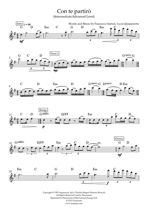 Con te partirò (Intermediate/Advanced Level) (Andrea Bocelli) - Flute ...