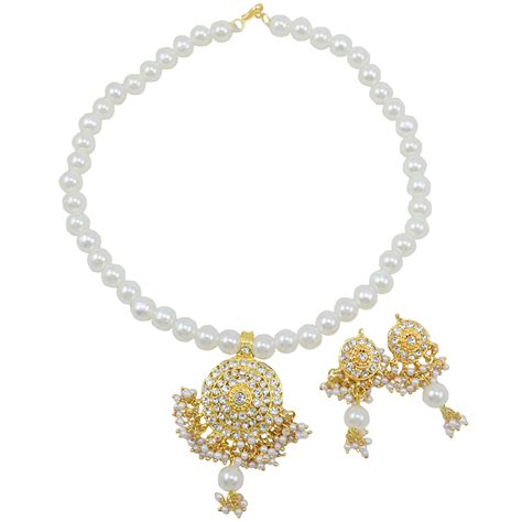 White Pearls Diamond Stone Pendant Necklace Set | Fashionvalley