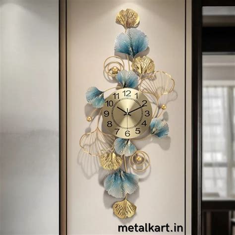 Metallic floral strip wall clock (48 x 20 Inches) - Punam Metalcrafts