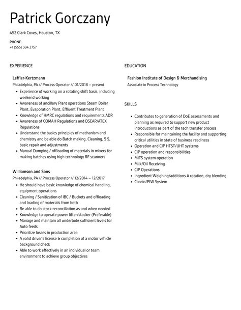 Image result for Process Operator Resume Sample