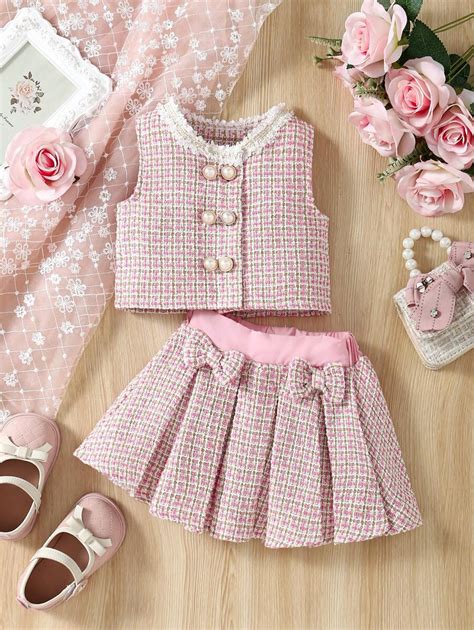 Young Girl' Sleeveless Lace Collar Checkered Top + Bow Pleated Skirt ...