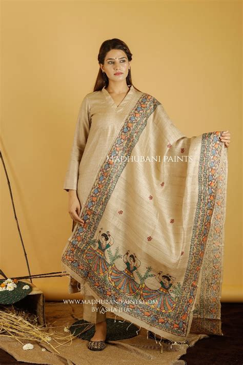 Mithila Gudiya Madhubani Handpainted Pure Handwoven Tussar Silk Dupatt ...