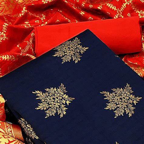 Majesty Navy Blue Colored Casual Wear Woven Banarasi Silk Dress Material