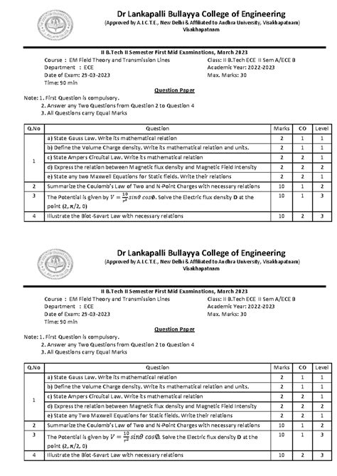 EMTL First Mid Question Paper 2022-2023 LBCE Final - Dr Lankapalli ...