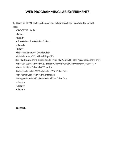 WEB PROGRAMMING LAB EXPERIMENTS: HTML & JS Tasks - Studocu