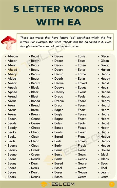 323 Examples of 5 Letter Words with EA in English • 7ESL