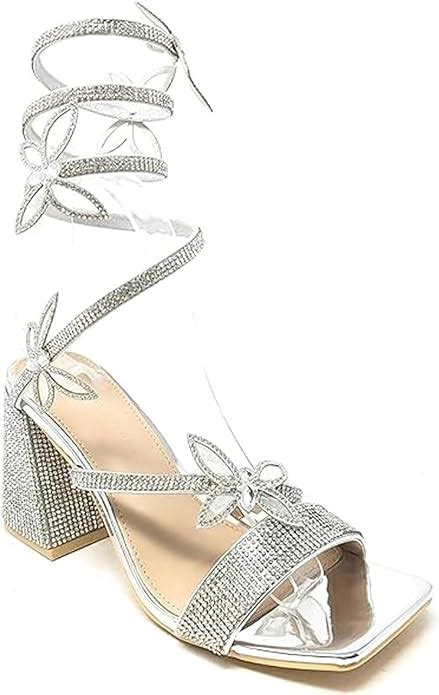 Diamante Chunky Rhinestone Butterfly Detail Wrap Around Heels Adams-07 ...