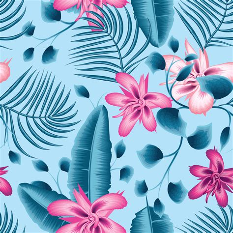 Beautiful pink and blue exotic tropical flowers with abstract blue palm ...