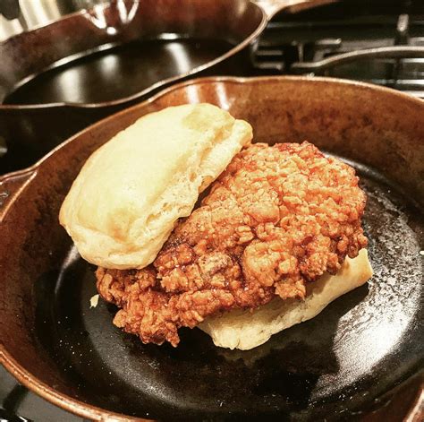 Fried chicken in a biscuit. Deep fried in one pan while baking biscuits ...