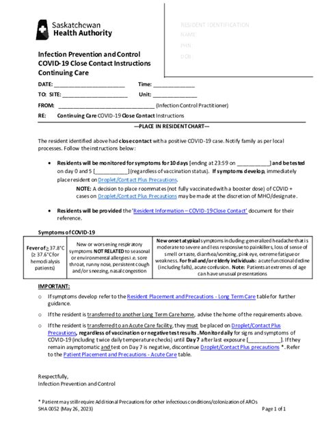 Fillable Online SHA 0052 Continuing Care COVID-19 Close Contact ...